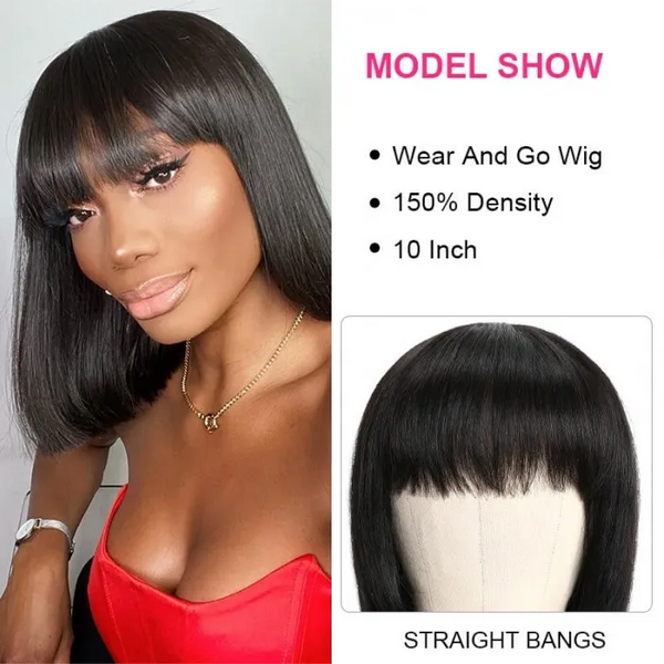 Short Bob Wigs Black Wig for Women with Bangs Machine Made Straight Wig