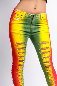 Ladies Denim Tie Dye Ripped Jeans - Red - Yellow - White Glory Premium Denim Style 1004