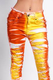 Ladies Denim Tie Dye Ripped Jeans - Red - Yellow - White Glory Premium Denim Style 1004