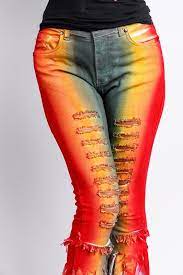 Ladies Denim Tie Dye Ripped Jeans - Red - Yellow - Green Glory Premium Denim Style N2301