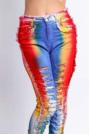 Ladies Denim Tie Dye Ripped Jeans - Red - Yellow - Green Blue Glory Premium Denim Style N2312